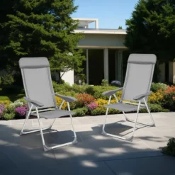 tectake Set 4 Inklapbare Tuinstoelen Aluminium Grijs 5-Stand Rugleuning