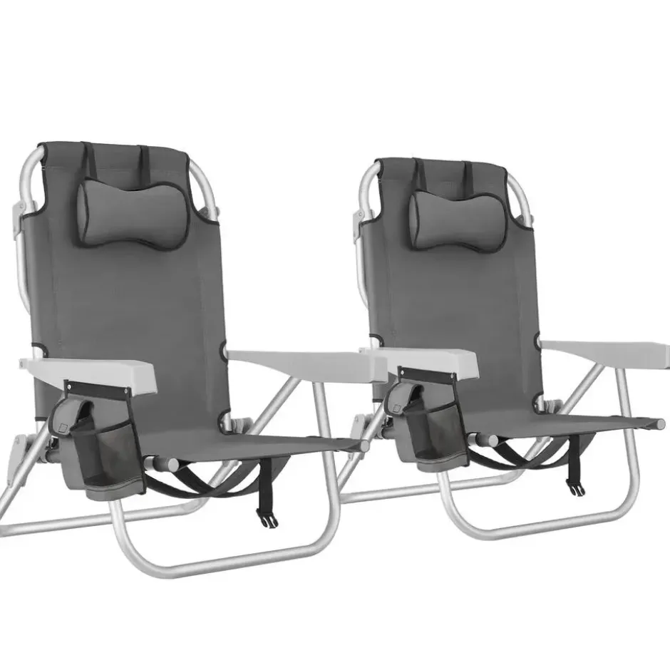 tectake Strandstoel Coral, inklapbaar met rugzakfunctie - Set van 2 - Grijs