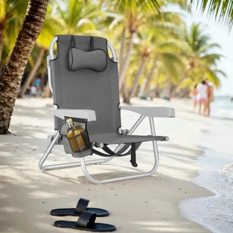 tectake Strandstoel Coral, inklapbaar met rugzakfunctie - Set van 2 - Grijs