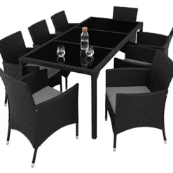 tectake - tuinset 8 stoelen en tafel - wicker - zwart / grijs