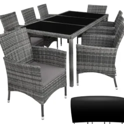 tectake - tuinset 8 stoelen en tafel - wicker - grijs