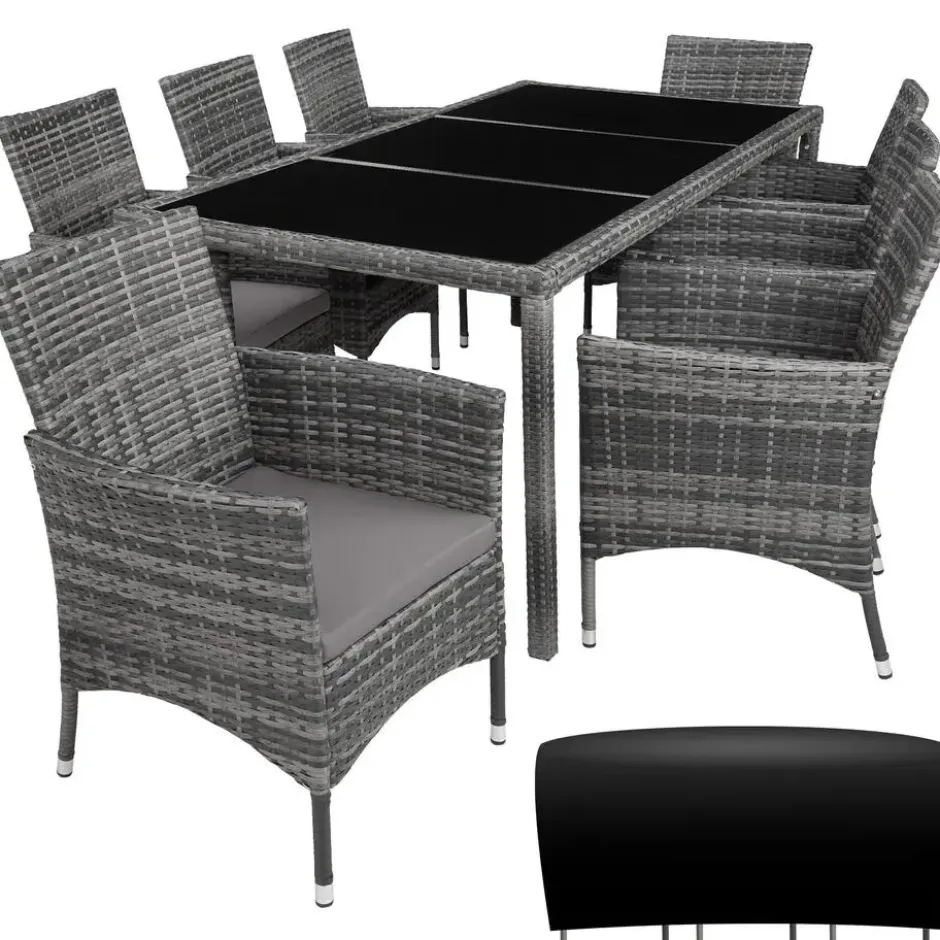 tectake - tuinset 8 stoelen en tafel - wicker - grijs