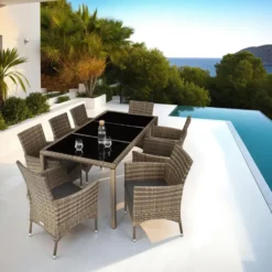 tectake - tuinset 8 stoelen en tafel - wicker - natuurkleur