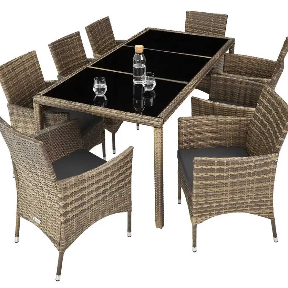 tectake - tuinset 8 stoelen en tafel - wicker - natuurkleur