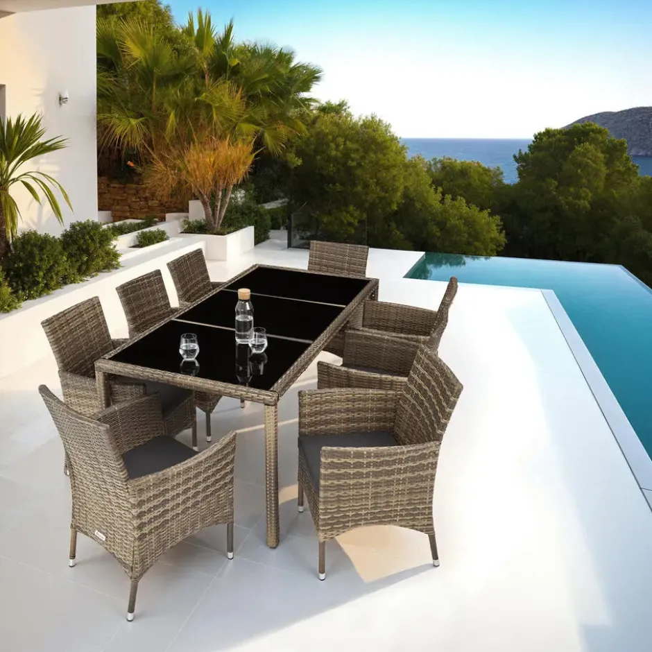 tectake - tuinset 8 stoelen en tafel - wicker - natuurkleur