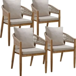 tectake Tuinstoel Set Van 4, Massief Acaciahout, Weerbestendig, Touwontwerp