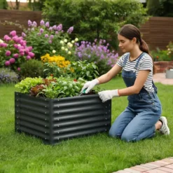 tectake Verhoogde Plantenbak - Verzinkt Staal - 80x80x62cm - Grijs