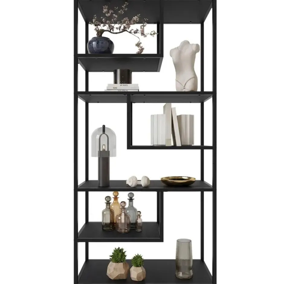 tectake Wandkast Venda met 6 vakken, industriële stijl, 85x35x188cm, Zwart