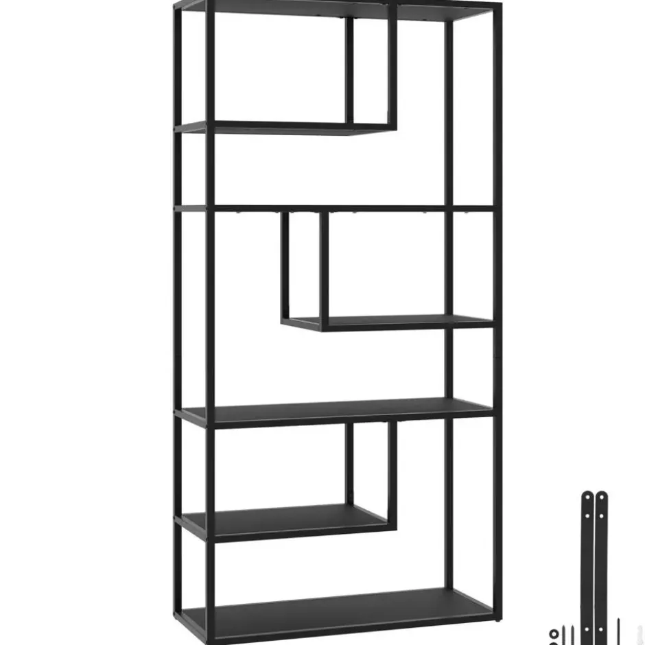 tectake Wandkast Venda met 6 vakken, industriële stijl, 85x35x188cm, Zwart