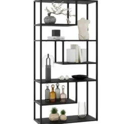 tectake Wandkast Venda met 6 vakken, industriële stijl, 85x35x188cm, Zwart