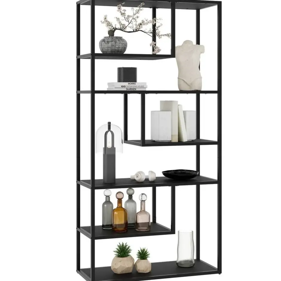 tectake Wandkast Venda met 6 vakken, industriële stijl, 85x35x188cm, Zwart