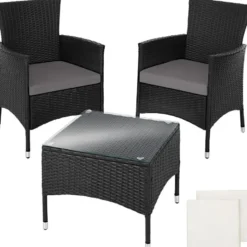 tectake Wicker bistroset Luzern 2+1 met kussenhoezen in 2 kleuren - Zwart