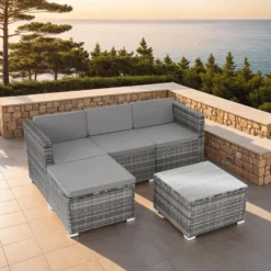 tectake - Wicker Loungeset - Grijs - UV-bestendig - Stalen Frame