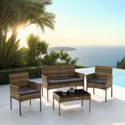 tectake Wicker loungeset Palese voor 4 persone - Natuur