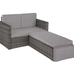 tectake Wicker Lounge Sofa Met Kussens - Grijs - Stalen Frame - Loungeset