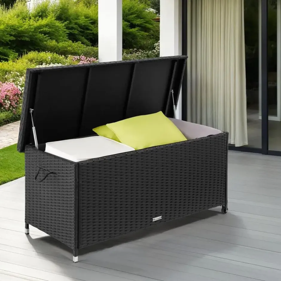 tectake Wicker opbergbox Kiruna met kunststof gaas, 120x55x61,5cm, 270l, Zwart