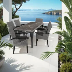 tectake Wicker tafel Foggia met 6 stoelen Rosarno, Grijs