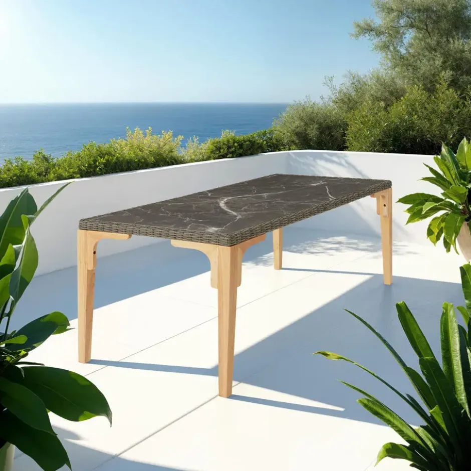 tectake Wicker tafel Foggia 196x87x76cm, Natuur