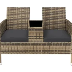 tectake Wicker tuinbank met tafel, Natuur/Donkergrijs