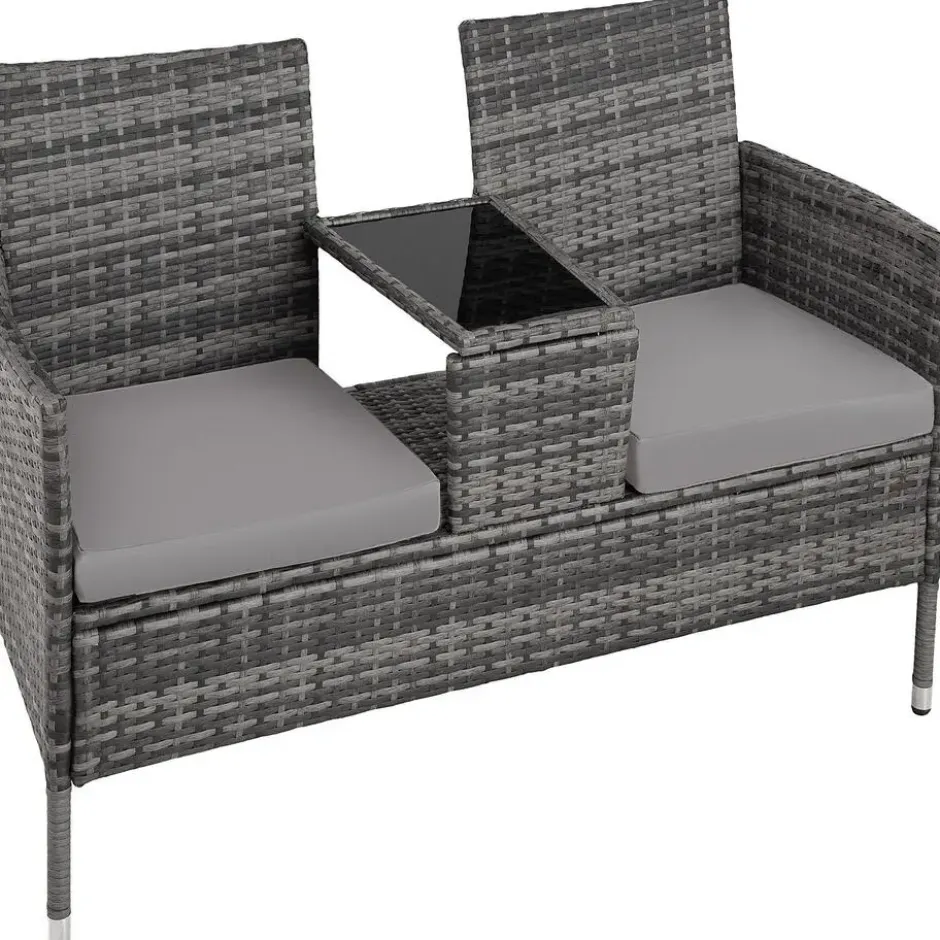 tectake Wicker tuinbank met tafel, Grijs/Lichtgrijs
