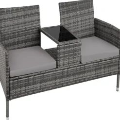 tectake Wicker tuinbank met tafel, Grijs/Lichtgrijs