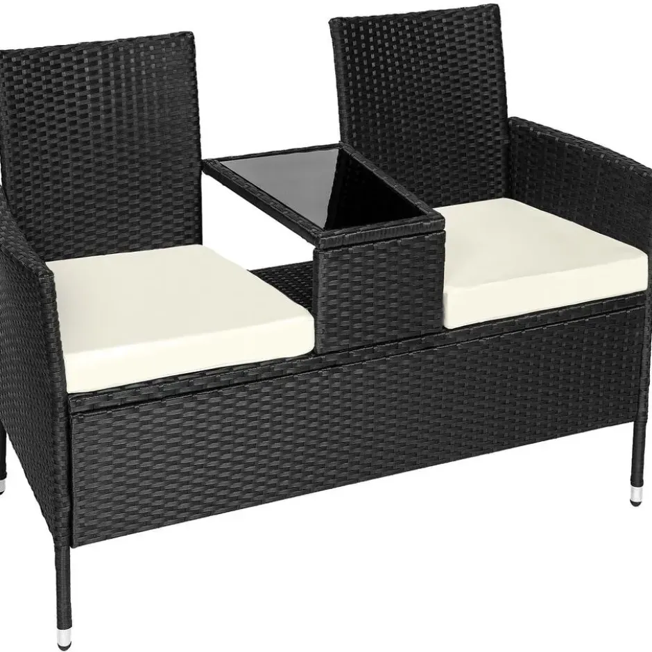tectake Wicker tuinbank met tafel, Zwart/Beige