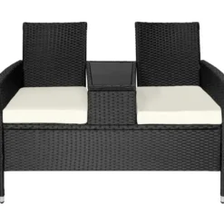 tectake Wicker tuinbank met tafel, Zwart/Beige