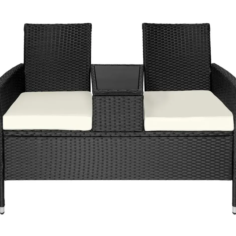tectake Wicker tuinbank met tafel, Zwart/Beige