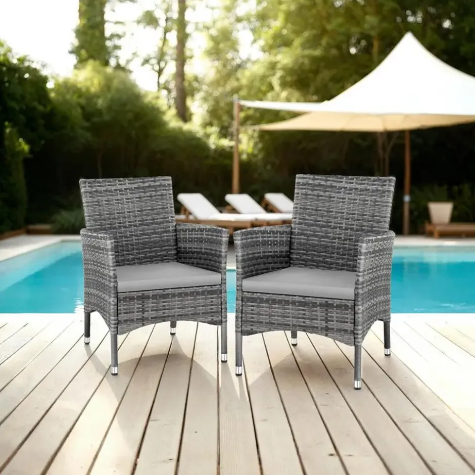 tectake 2 Wicker tuinstoelen met 4 kussenhoezen , Grijs/Lichtgrijs