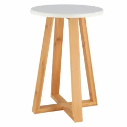 Tendance Bijzet krukje - wit - bamboe hout - D30 x H43 cm