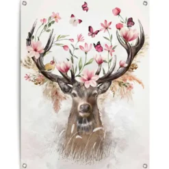 Tuinposter Hert in Bloemen - 80 x 60 - Roze