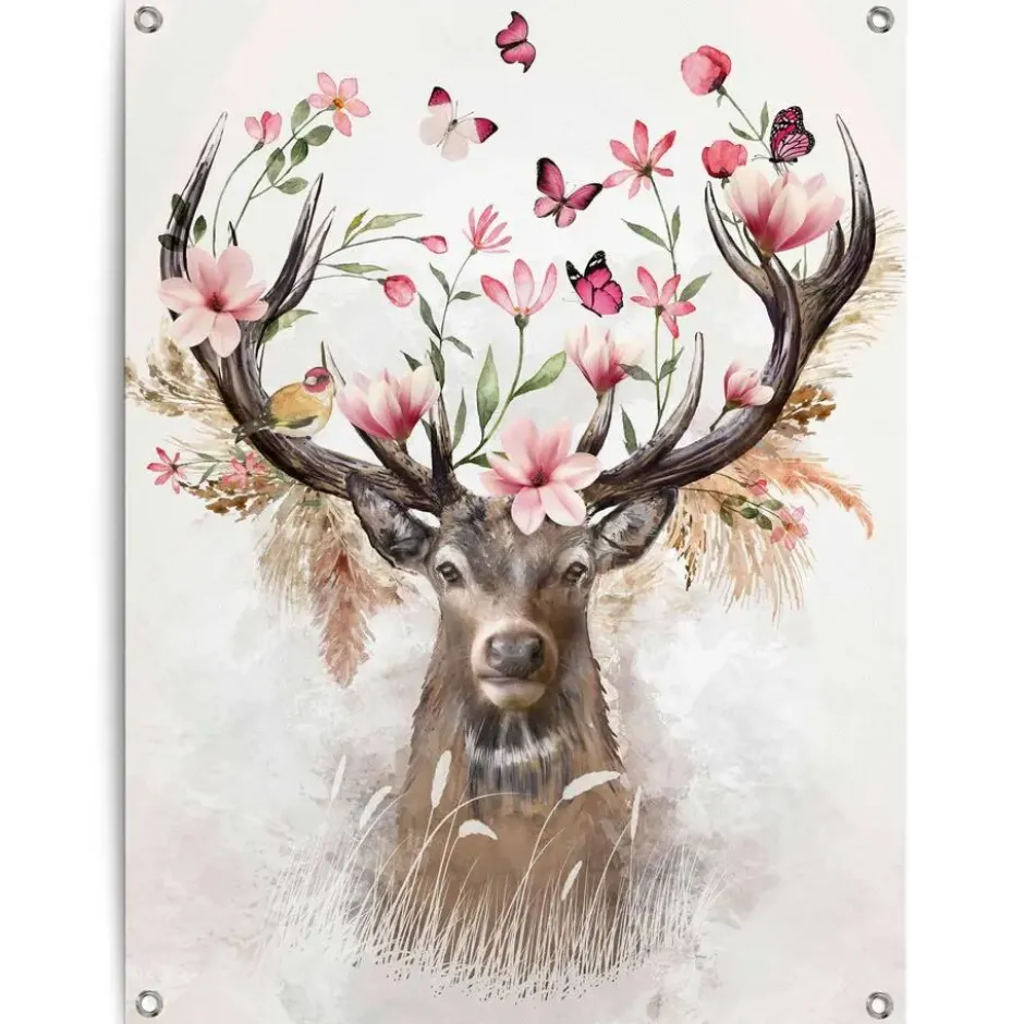 Tuinposter Hert in Bloemen - 80 x 60 - Roze