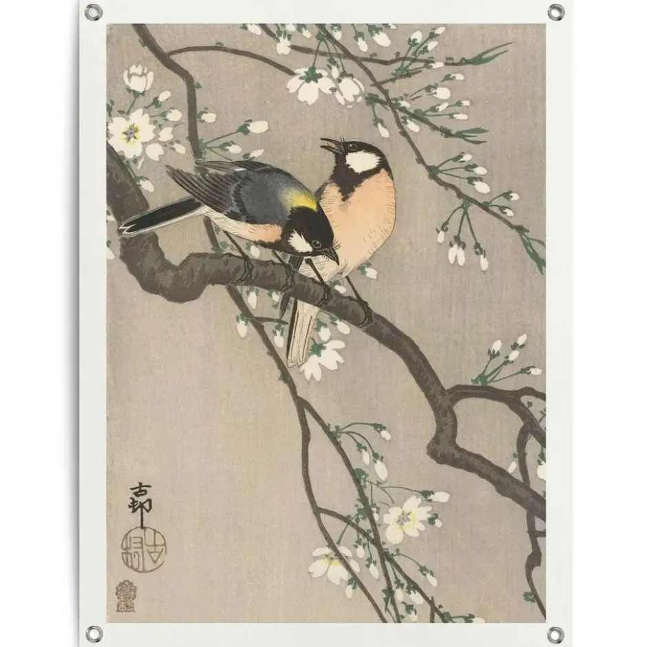 Tuinposter Ohara Koson - Koolmezen op bloesemtak - 80 x 60