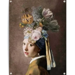 Tuinposter Vermeer - Bloemenmeisje met de Parel - 80 x 60 - Bont