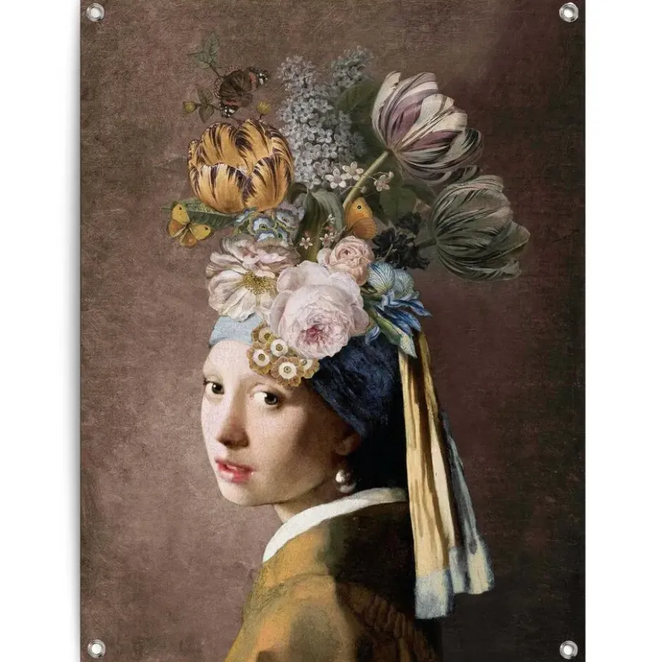 Tuinposter Vermeer - Bloemenmeisje met de Parel - 80 x 60 - Bont