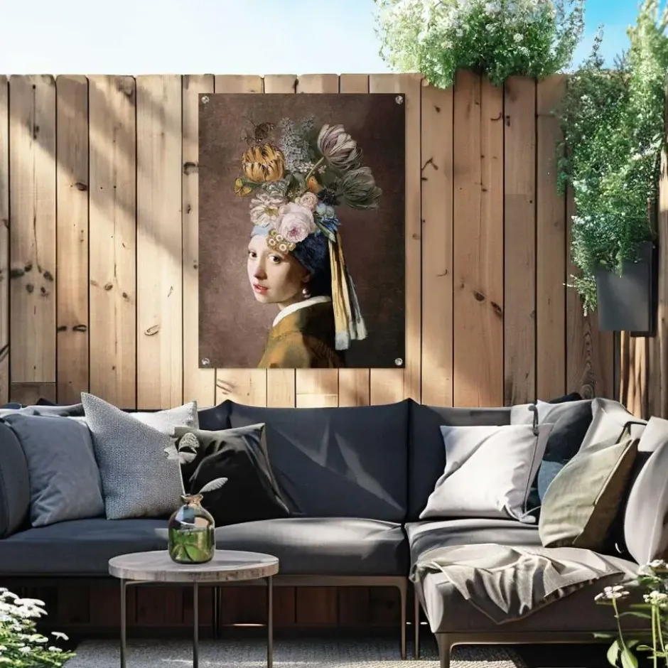 Tuinposter Vermeer - Bloemenmeisje met de Parel - 80 x 60 - Bont