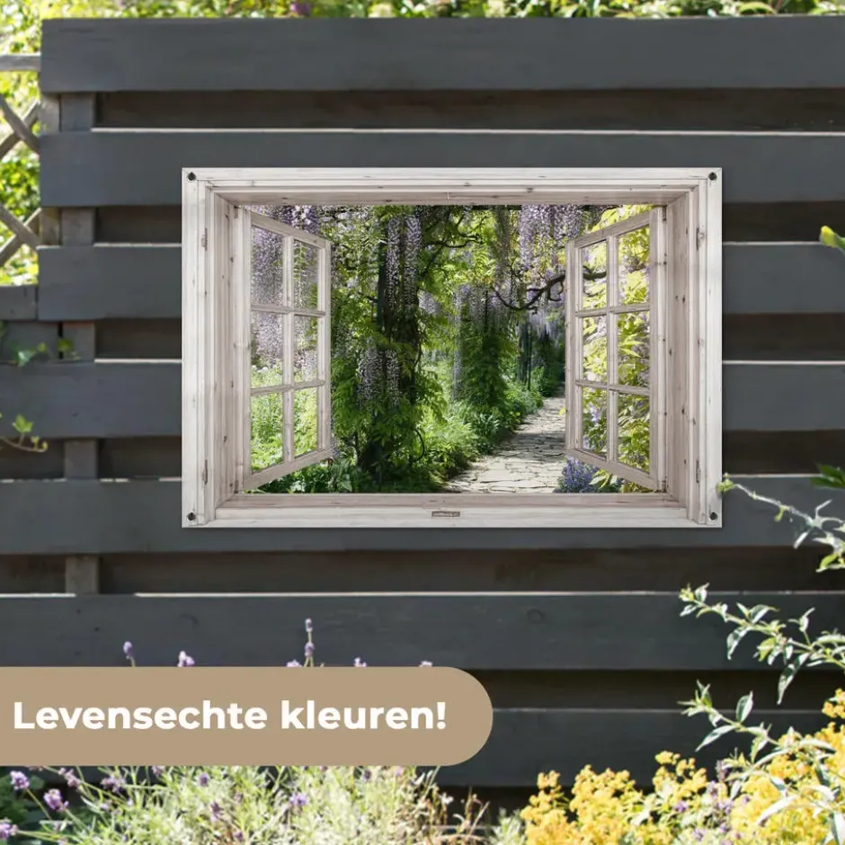 Tuinposter 120x80 cm Blauwe regen - Bloemen - Doorkijk - Boom - Lente