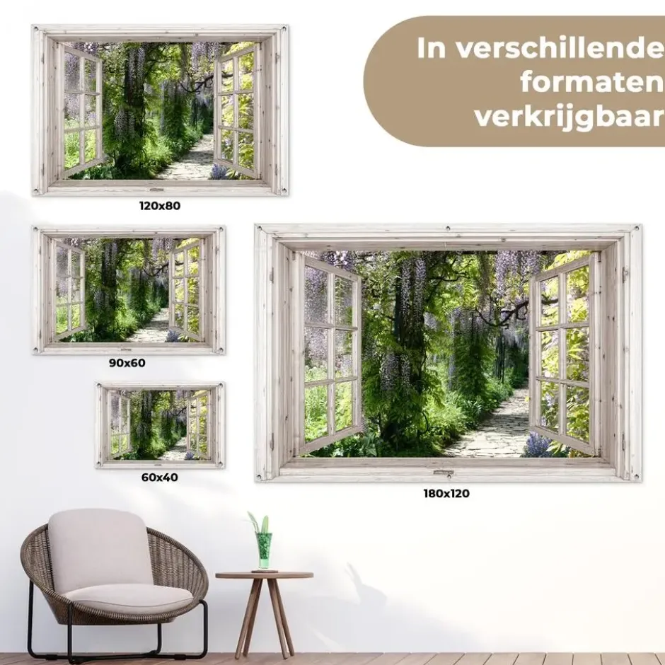Tuinposter 180x120 cm Blauwe regen - Bloemen - Doorkijk - Boom - Lente