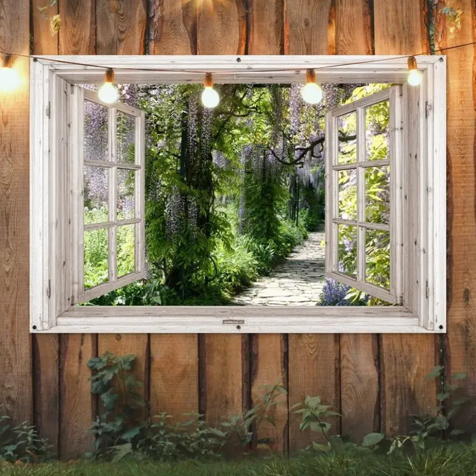 Tuinposter 180x120 cm Blauwe regen - Bloemen - Doorkijk - Boom - Lente