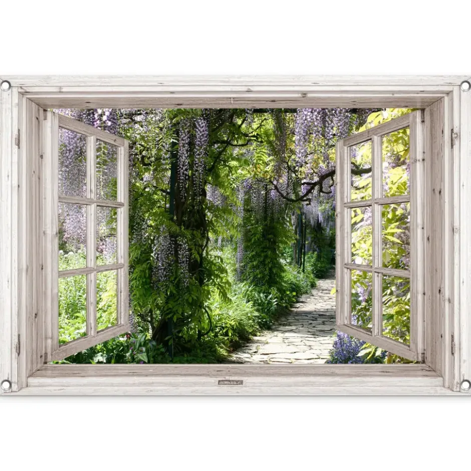 Tuinposter 90x60 cm Blauwe regen - Bloemen - Doorkijk - Boom - Lente