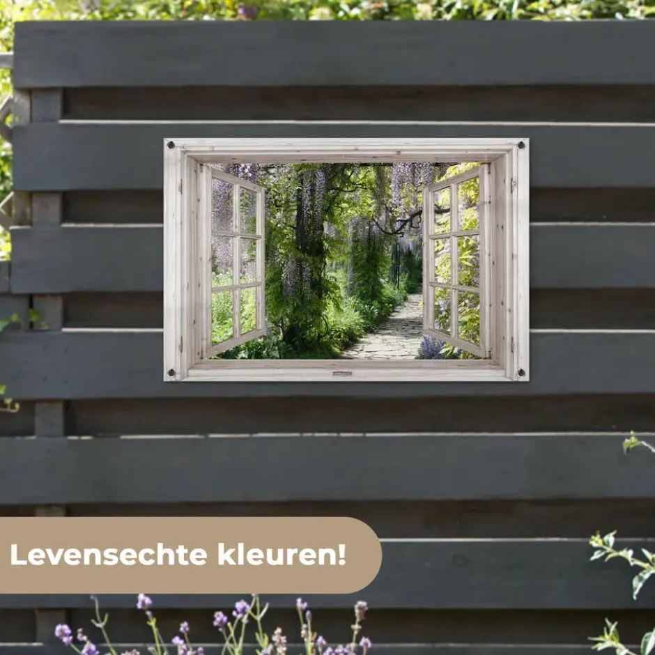 Tuinposter 90x60 cm Blauwe regen - Bloemen - Doorkijk - Boom - Lente