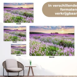 Tuinposter 120x80 cm Bloemen - Lavendel - Paars - Lucht - Zonsondergang - Weide