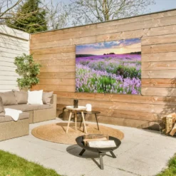 Tuinposter 120x80 cm Bloemen - Lavendel - Paars - Lucht - Zonsondergang - Weide