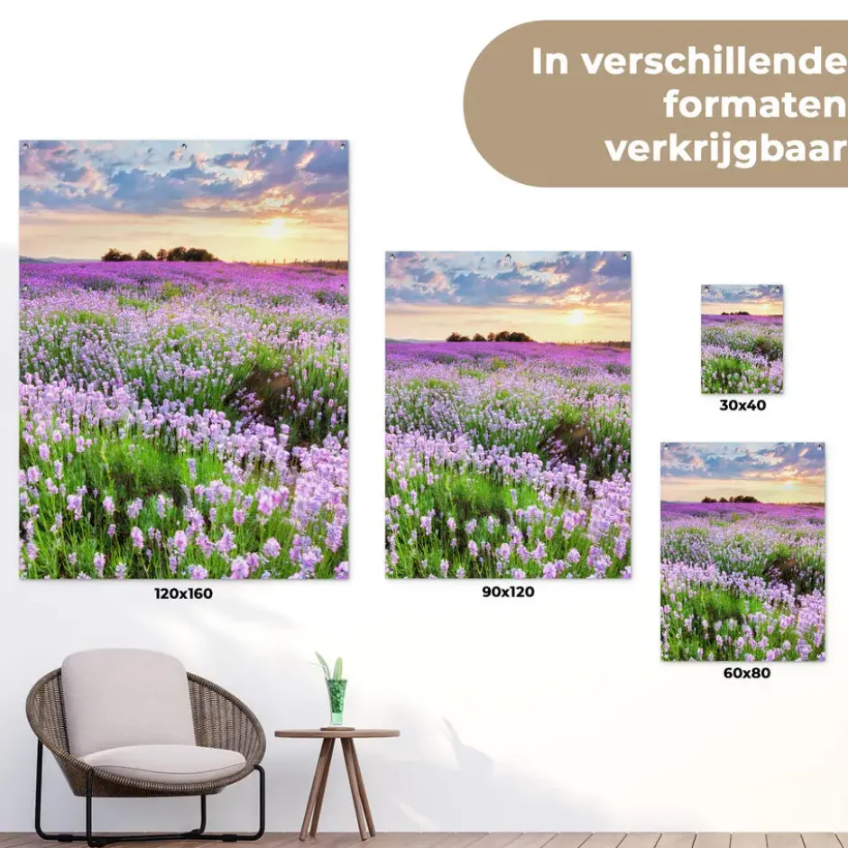Tuinposter 120x160 cm Bloemen - Lavendel - Paars - Lucht - Zonsondergang - Weide