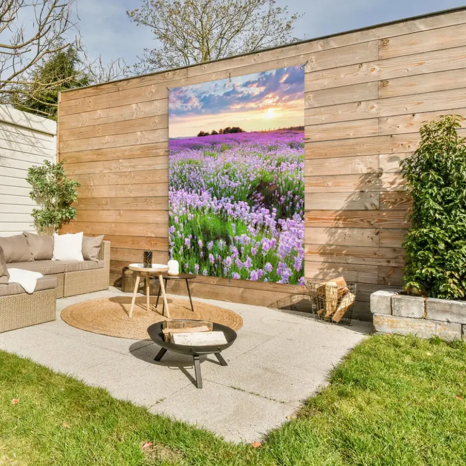 Tuinposter 120x160 cm Bloemen - Lavendel - Paars - Lucht - Zonsondergang - Weide