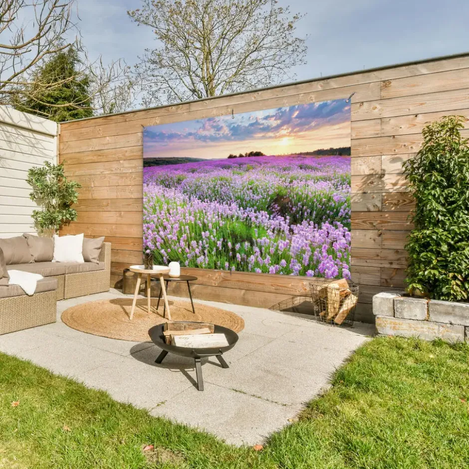 Tuinposter 180x120 cm Bloemen - Lavendel - Paars - Lucht - Zonsondergang - Weide