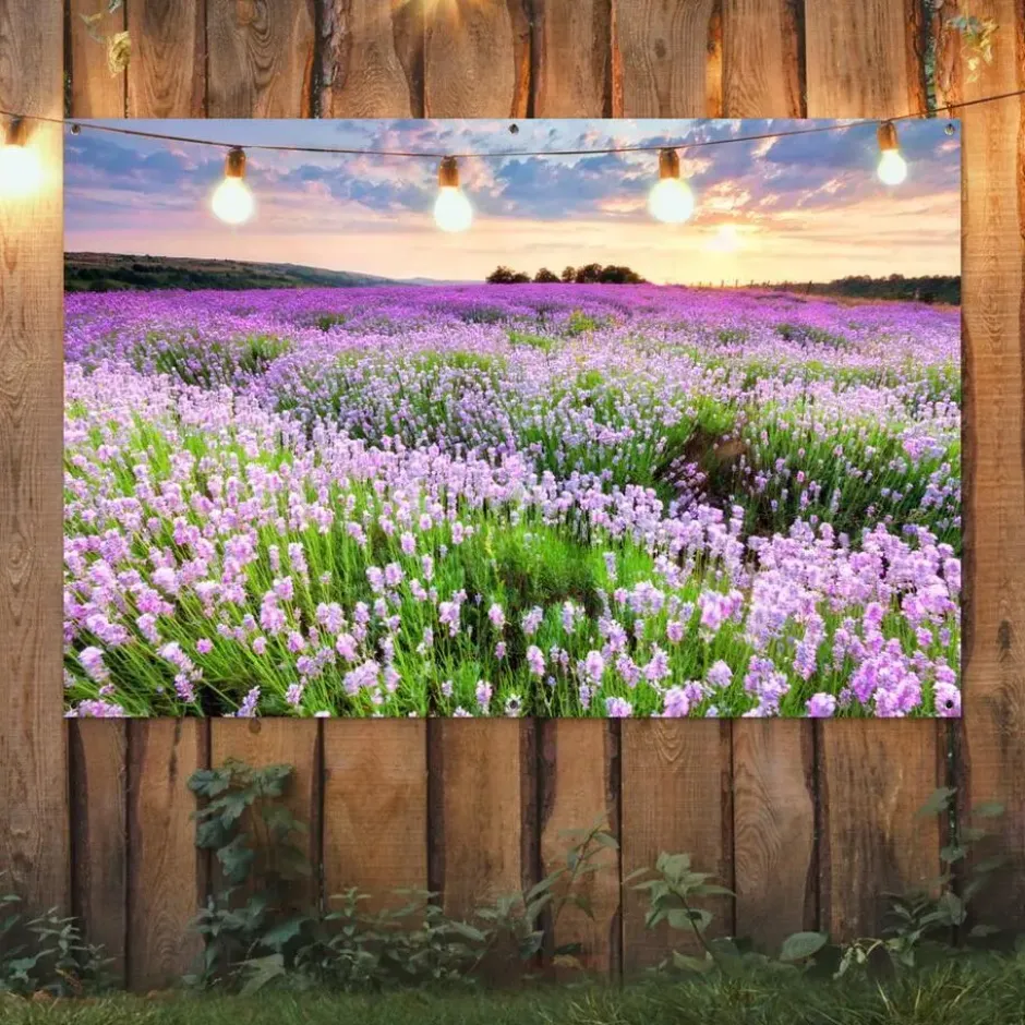 Tuinposter 180x120 cm Bloemen - Lavendel - Paars - Lucht - Zonsondergang - Weide