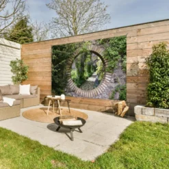 Tuinposter 180x120 cm Bos - Stenen - Doorkijk - Pad - Blauwe regen