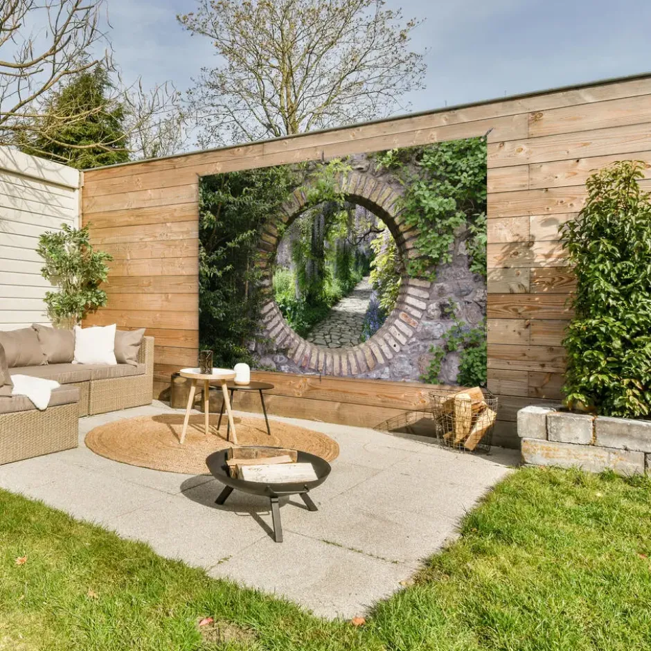 Tuinposter 180x120 cm Bos - Stenen - Doorkijk - Pad - Blauwe regen