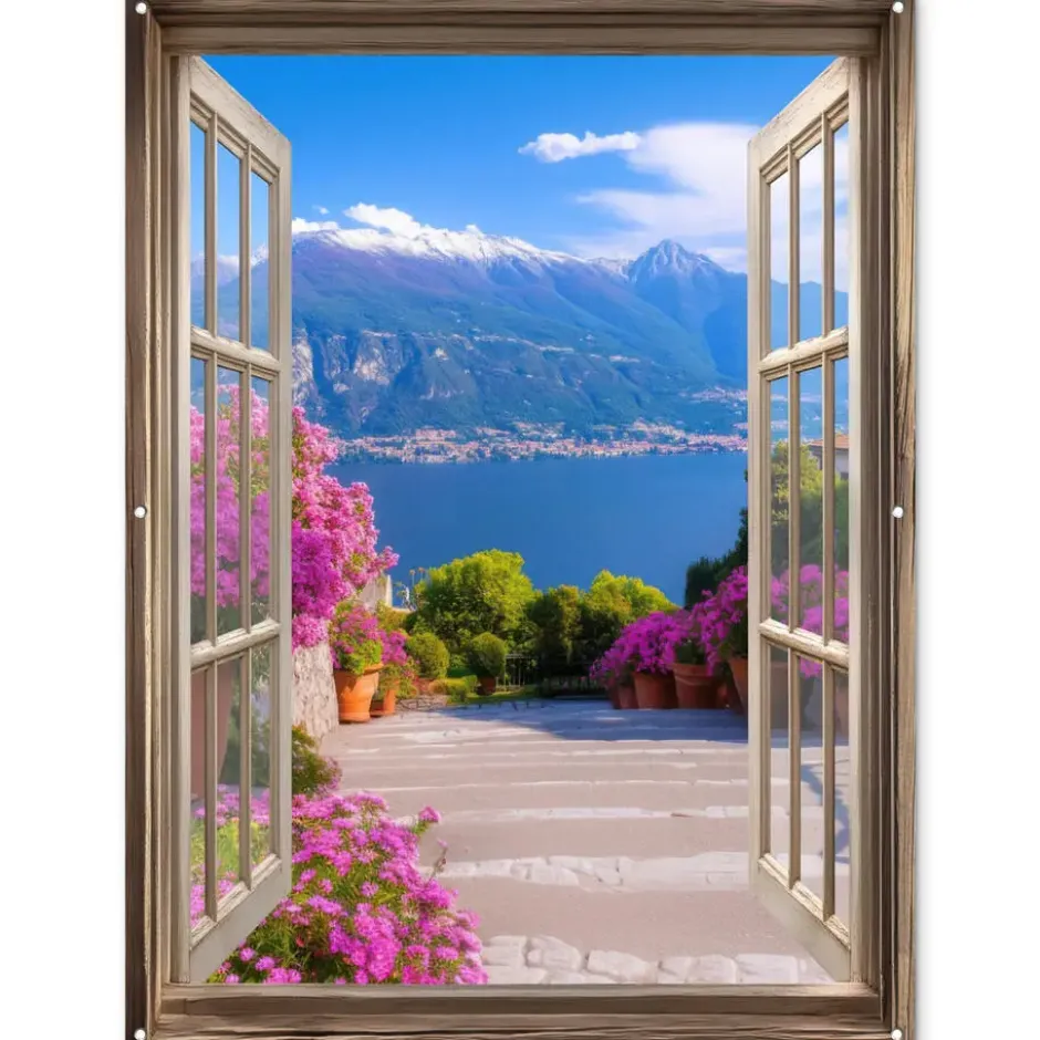 Tuinposter 120x160 cm Doorkijk - Berg - Landschap - Uitzicht - Meer